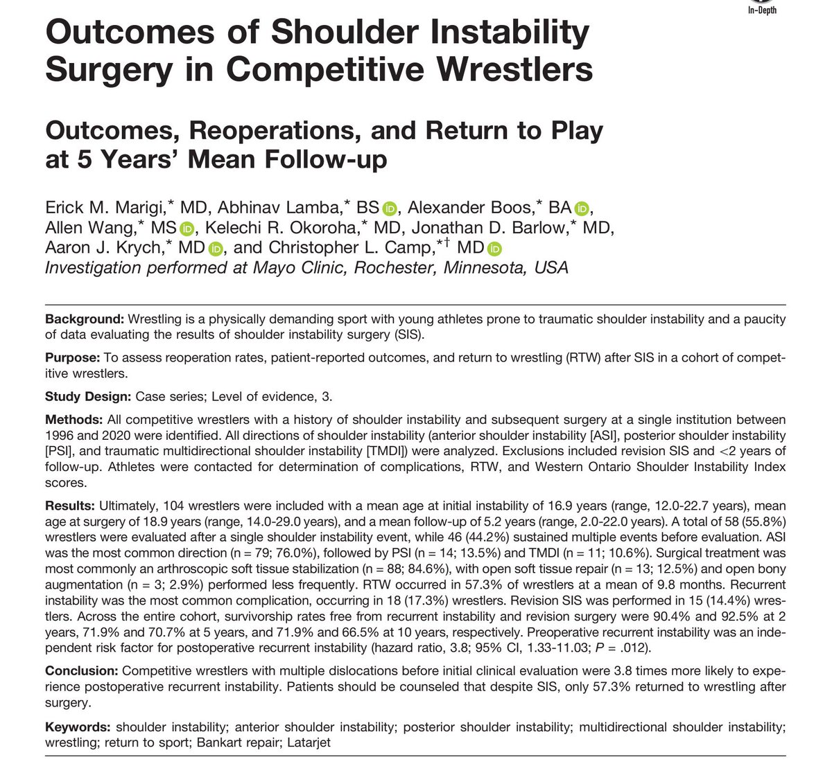 @AJSM_SportsMed study of surgery for shoulder instability in #Wrestlers 🤼: -Most anterior -Most tx w/ scope -17% had recurrence -Only 57% returned to wrestling! -⬆️ pre-op instability = ⬆️ post-op instability Article: journals.sagepub.com/doi/10.1177/03… Podcast: ajsmauthorspotlight.wordpress.com