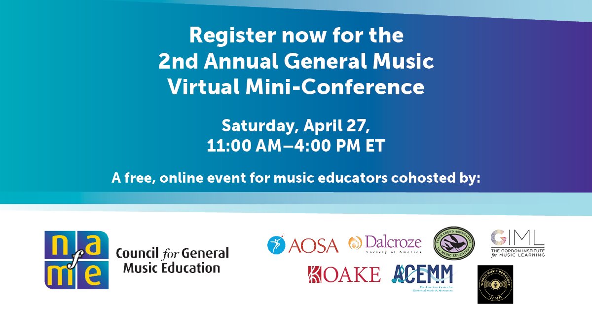 We’re excited to have you join us at 11AM ET! bit.ly/2024GenMusicCo… Share what you learn with #NCGME Thank you to @AOSA1968 @dalcrozeusa @feierabendmusic @thegiml @OAKENational American Center for Elemental Music and Movement & the World Music Pedagogy program