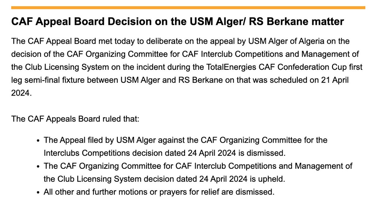 CAF's official statement regarding the appeal of USM Alger