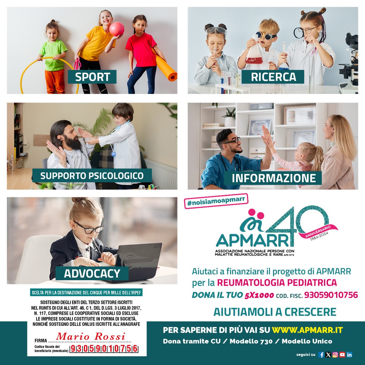 💚 Aiutaci a finanziare i nostri progetti per la #reumatologiapediatrica!

💡 Devolvi il tuo #5X1000 ad APMARR firmando nel riquadro “Sostegno al volontariato” e scrivendo il nostro codice fiscale👉 93059010756.

Scopri come supportarci 👉 bit.ly/36nMnH1