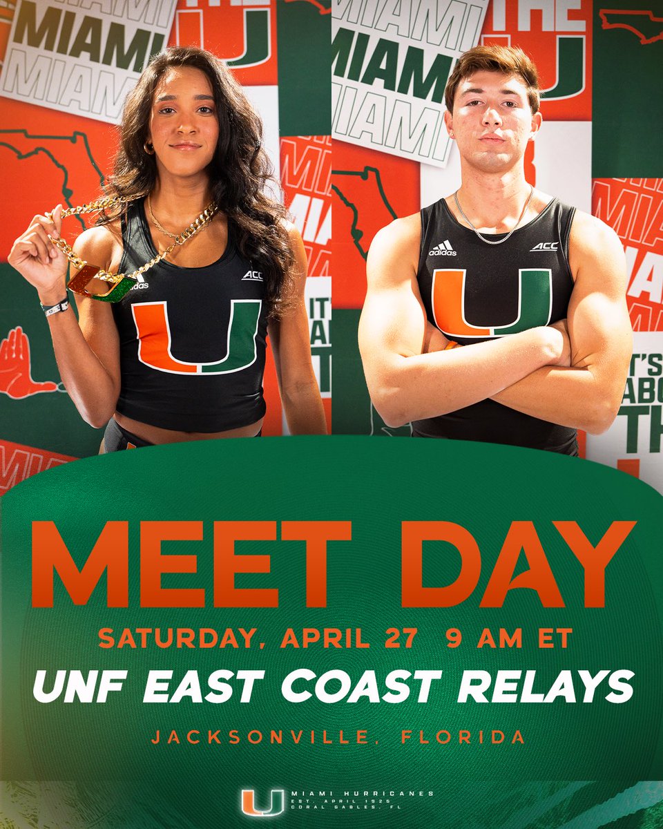 Ready for day two in Jacksonville! 😎 🙌: UNF East Coast Relays 📍: Jacksonville, Florida ⏰: 9 AM ET 📊: bit.ly/3xUfOOw #GoCanes