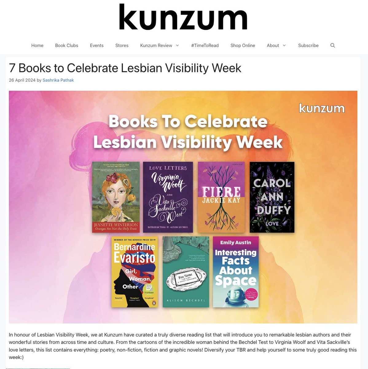 'In honour of Lesbian Visibility Week, we at Kunzum have curated a truly diverse reading list that will introduce you to remarkable lesbian authors and their wonderful stories.' ✨ Read the full blog here - bit.ly/3UihWa7 #LesbianVisibiltyWeek #LGBTQ #KunzumBlog