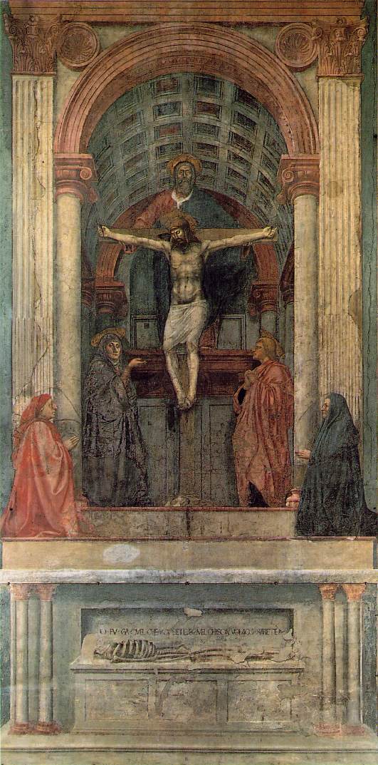 Antifona: Sia benedetto Dio Padre, e l'unigenito Figlio di Dio, e lo Spirito Santo: perché grande è il suo amore per noi. #art SS Trinità,1425-27 -Masaccio Santa Maria Novella #Firenze Le figure raffigurate: Maria, San Giovanni e i postulanti sul gradino inferiore. Click👇