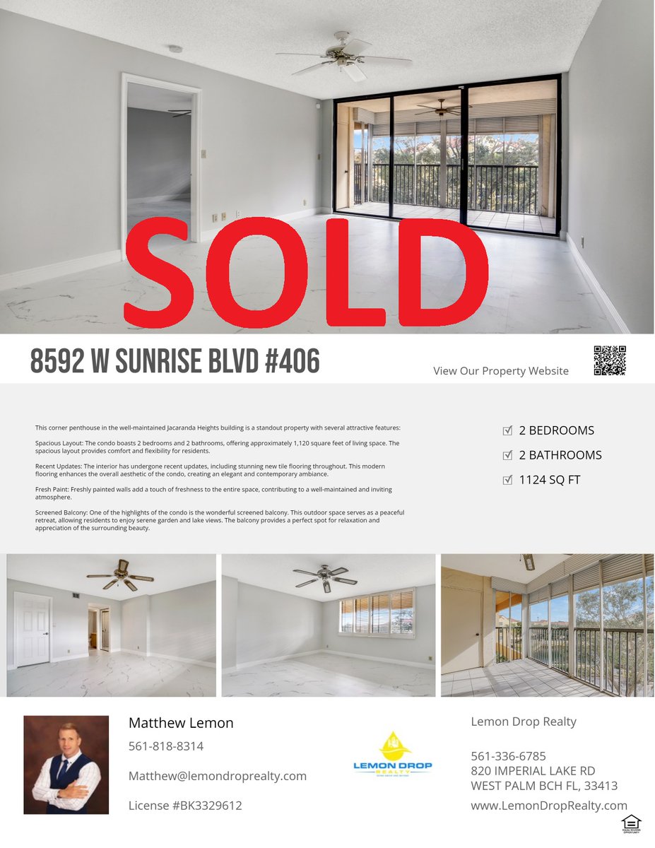 LemonDropRealty's tweet image. SOLD $230,000 🏡📷
8592W Sunrise, Plantation 
#homebuyers #homesellers #zillow  
Thinking about making a move contact #Realtor Matthew Lemon #561.818.8314 #LemonDropRealty