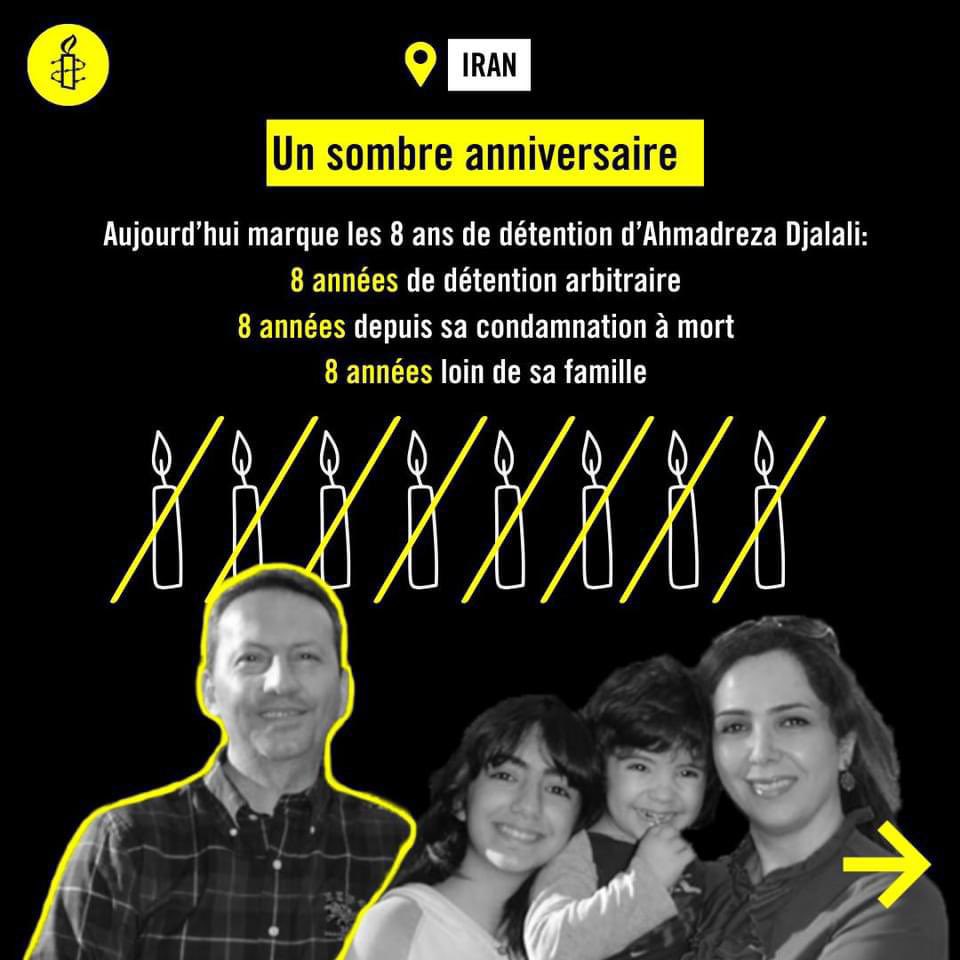 April 26, 2024, marks eight years since that death sentence. A dark anniversary Today marks 8 years of Ahmadreza Djalali detention: 8 years of arbitrary detention 8 years since his death sentence 8 years away from his family Sign the petition: amnesty.be/urgent-ahmadre… and…