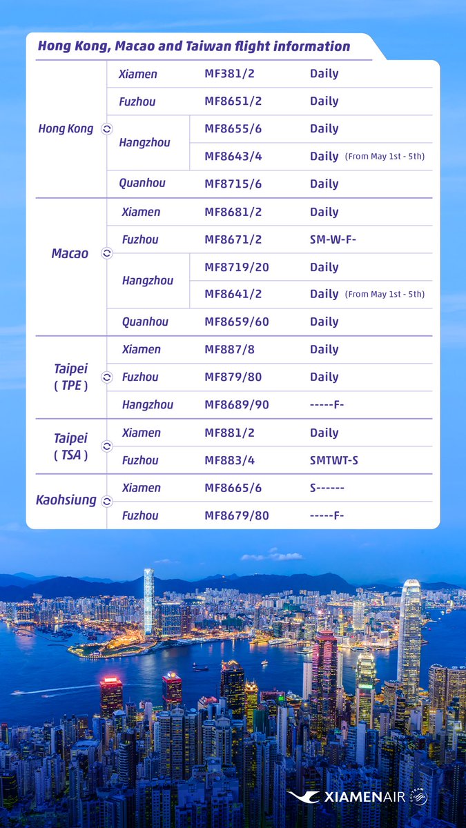 🌏✈️ We're thrilled to unveil our May flight schedule for #HongKong, #Macao, and #Taipei! Check our website for the latest updates and book your tickets now! 📅