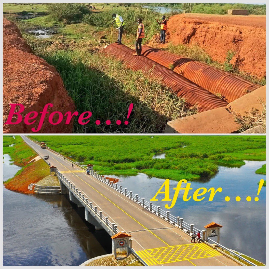 ▶️BEFORE & AFTER In Oct 2019, several drainage structures were washed away creating a gap of approx 60m along the main water channel at Saka Swamp crossing. @GovUganda directed UNRA to bridge the gap so as to ease mobility between Kaliro and Pallisa Districts. #UNRAworks