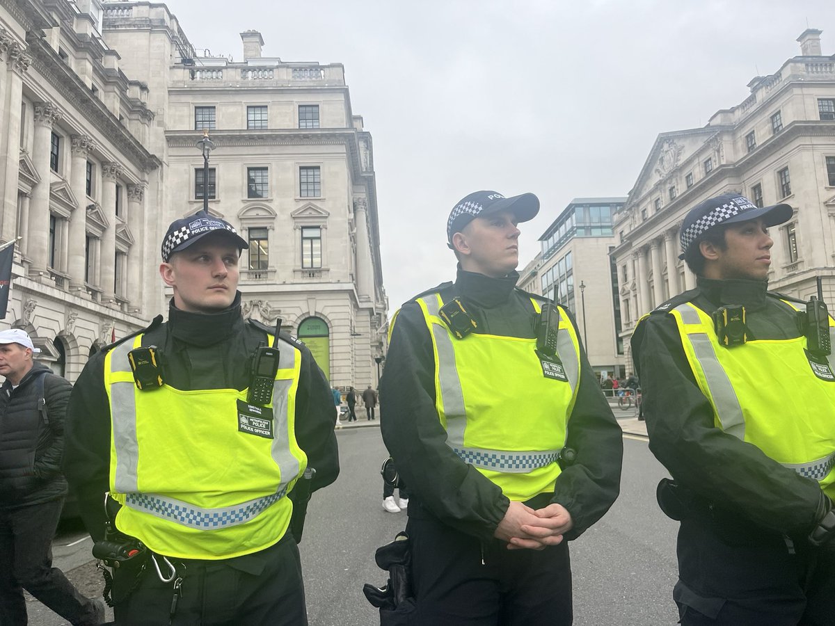 Ring of police protecting the biggest anti terrorist/ pro Israel counter demo yet. London feels like a tinderbox of anger - there’s a big pro Pal demo which will snake around London as well as a demo of people with union flags in Trafalgar Square. I saw Iranian demonstrator…