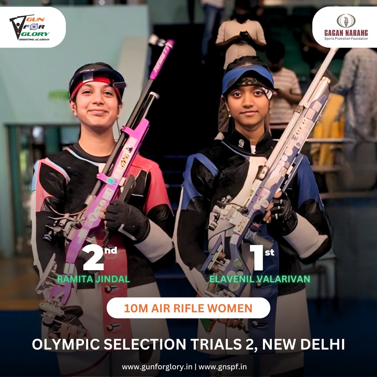 Elavenil and Ramita excel at Olympic Selection Trials 2 in New Delhi! Elavenil secures 1st in 10m Air Rifle Women, while Ramita takes 2nd. Congratulations to both!

#gunforglory #gnspf #olympicselectiontrials #olympics #Paris2024 #cheer4india #IndianAthlete #ShootingChampion