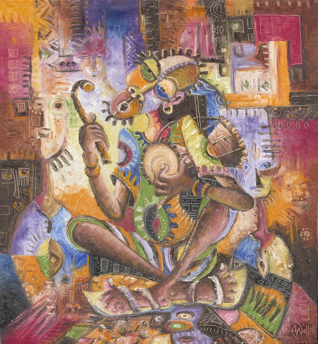 #AfricanArt #drummer #oilpainting or #artprint 
Painting of the Day. The Drummer I
 > > artcameroon.com/the-drummer-af…
A street musician playing drums for tips, seen with some scattered coins. The painting is full of bright colors and patterns, and the atmosphere is festive and joyful.