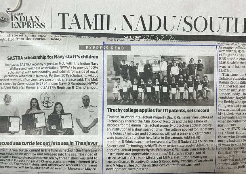 Maximum intellectual property protection filed by an institution
#TheNewIndianExpress #Newspaper #IndiaBookOfRecords #IntellectualPropertyProtection #Innovation #TNSCST #Patents #Copyrights #Event #IntellectualProperty #Trademarks #TradeSecrets #Tiruchirappalli #Record