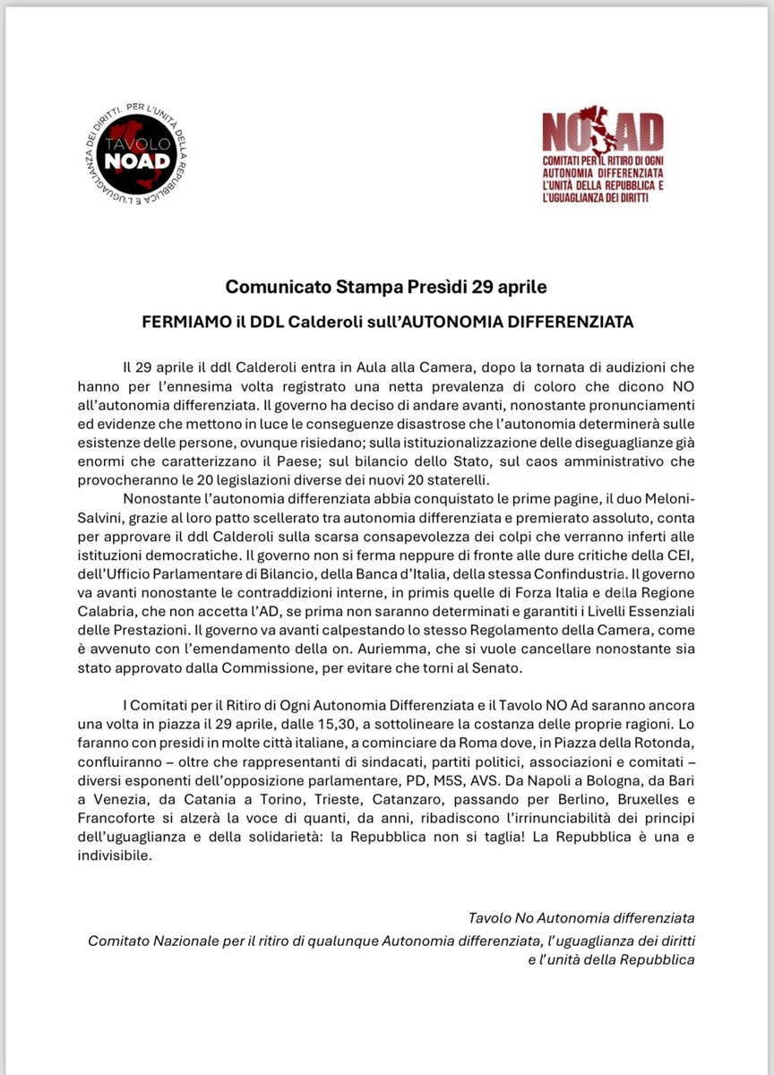 MeridianeVoci's tweet photo. SVEGLIAMOCI PRIMA CHE SIA TROPPO TARDI!!!!

SIAMO DECISAMENTE IN DEMOCRAURA.

VOGLIONO STRAVOLGERE LE REGOLE PUR DI FAR PASSARE L‘AUTONOMIA DIFFERENZIATA. 

IL 29 APRILE 

TUTTI IN PIAZZA NEI VARI PRESIDI IN TUTTE LE CITTÀ ITALIANE https://t.co/GuuNN0Gn5n