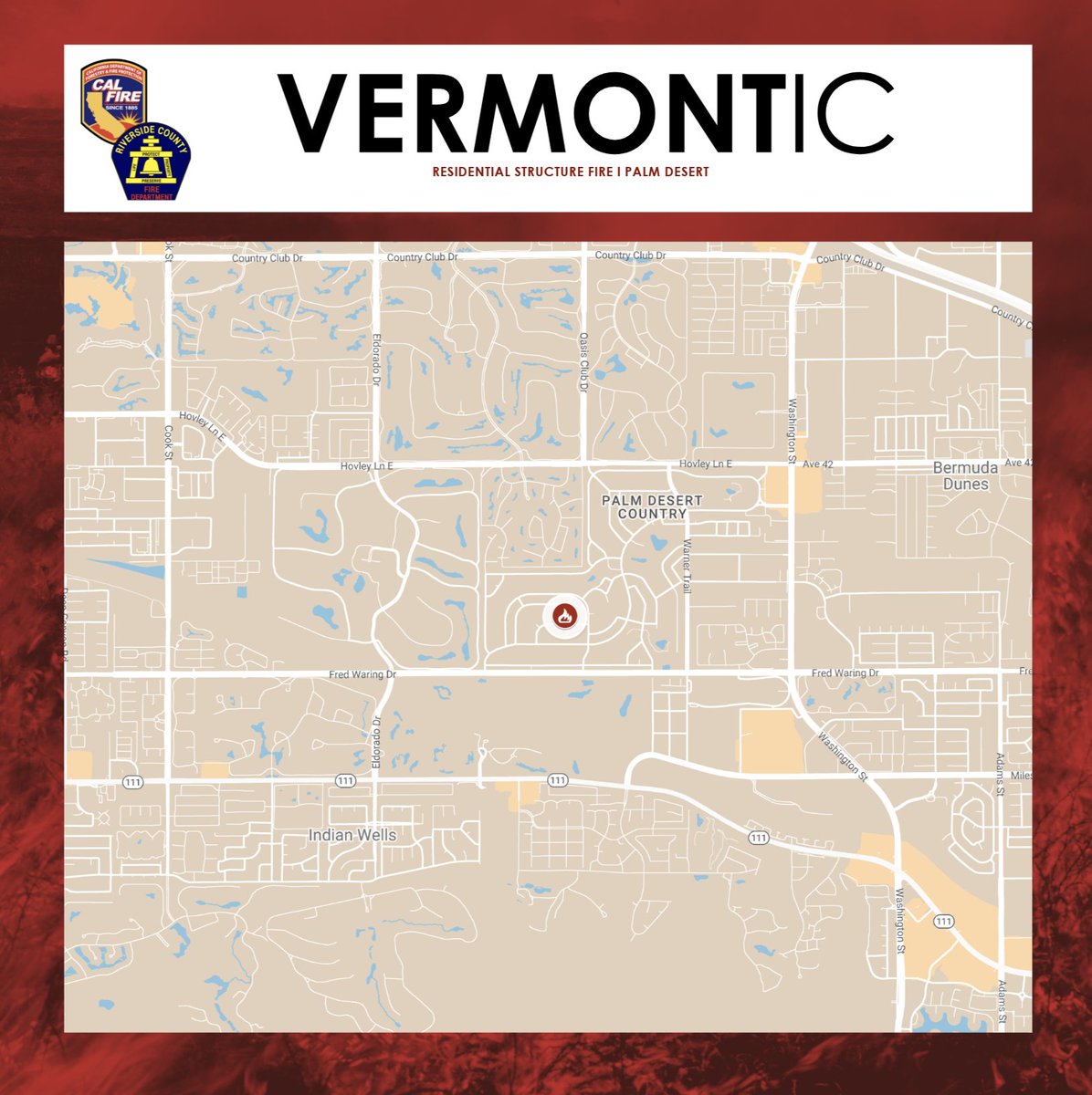 Residential Structure Fire:rpt@11:58 p.m. Vermont Circle X Tennessee Avenue in Palm Desert. One, under-construction residence fully involved with fire. High winds and ember casting resulted in the fire spreading to an adjacent under-construction residence. Firefighters contained…