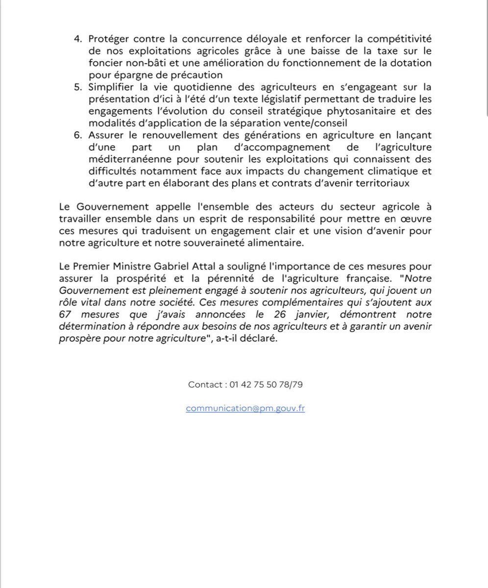 Le Premier ministre @GabrielAttal annonce 14 nouvelles mesures pour soutenir nos agriculteurs et renforcer notre souveraineté alimentaire. Elles précisent et complètent les 67 engagements déjà pris par le @gouvernementFR et dont 88% sont faits ou en passe de l’être.