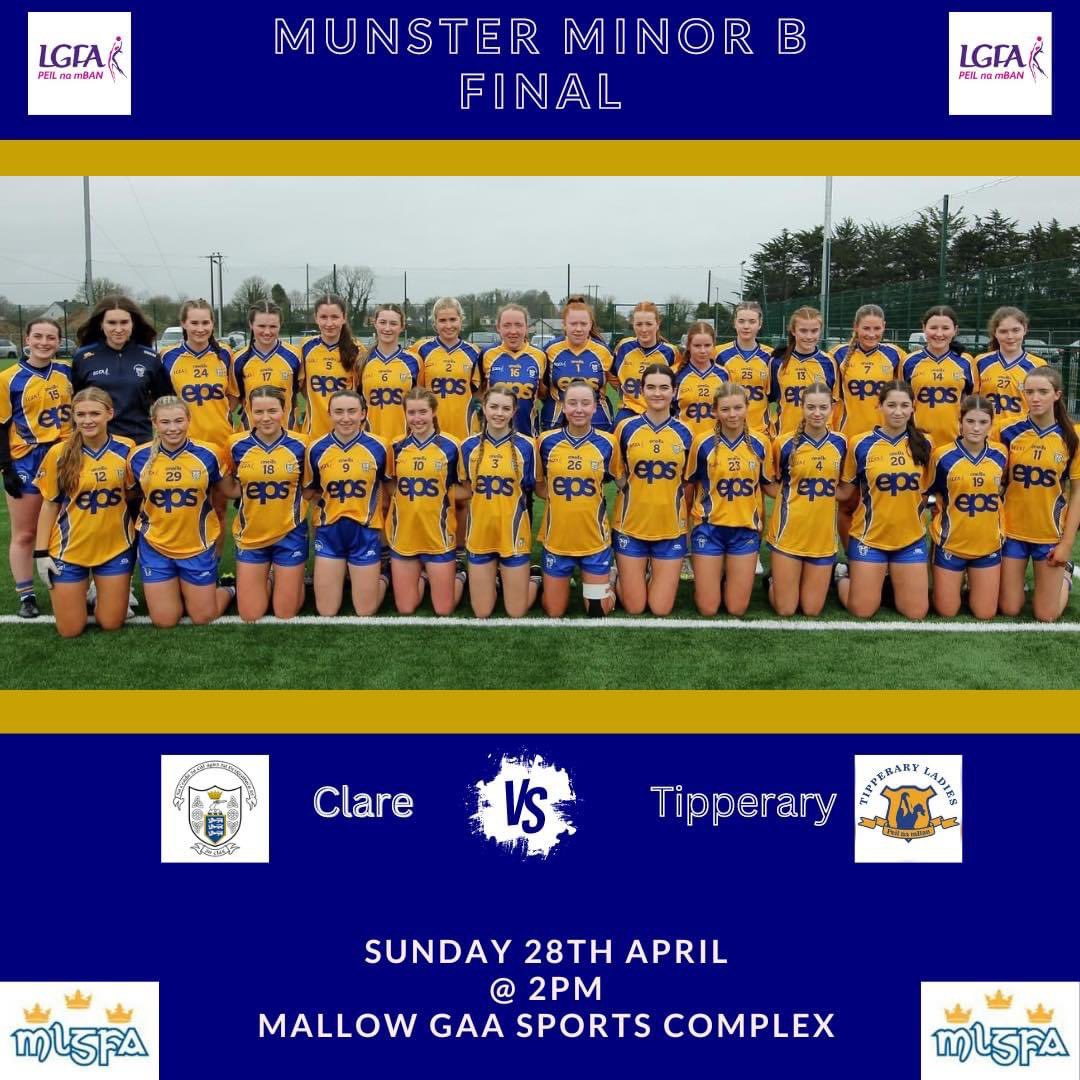 Best of luck to Niamh, Ellie and the @Clarelgfa Minors Players and Management tomorrow in the @MunsterLGFA B final in Mallow @2pm. Please come out and show your support for the players and management. 💛💙💛💙