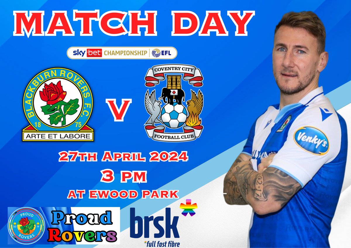 Match Day! Blackburn Rovers v Coventry City KO 3 PM at Ewood Park Matchdays are proudly sponsored by @Brsk_uk 🌐 Visit brsk.co.uk for more! Proud Rovers membership is free follow the link to sign up. forms.office.com/r/7V8UYQL6YD @proudskyblues