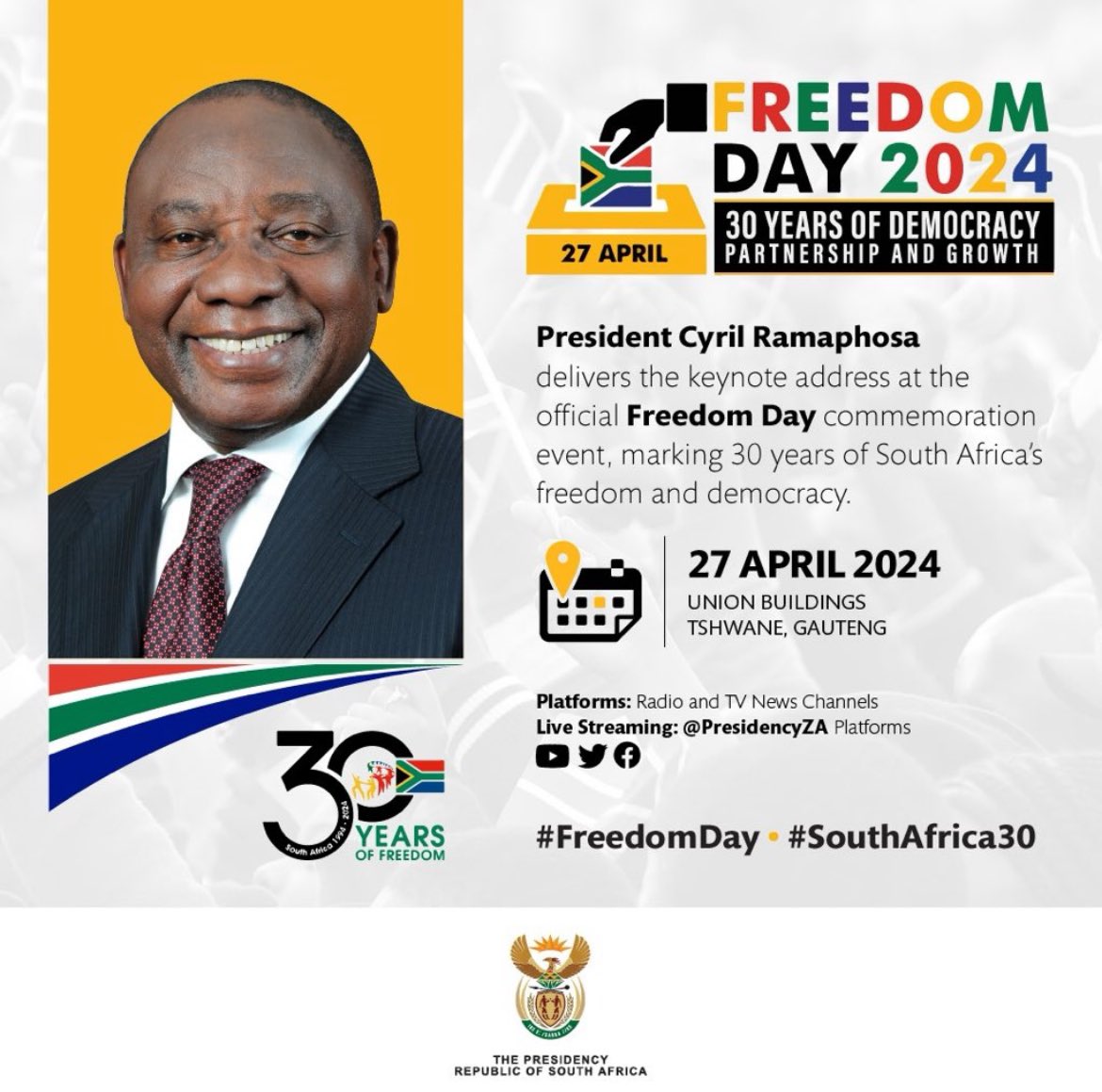 30 years ago today, SA took its first steps to freedom, with many SAfricans voting for the first time in a democratic election. As SA reaches this historic milestone, President Cyril Ramaphosa will lead the 2024 #FreedomDay national celebrations at the Union Buildings in PTA.
