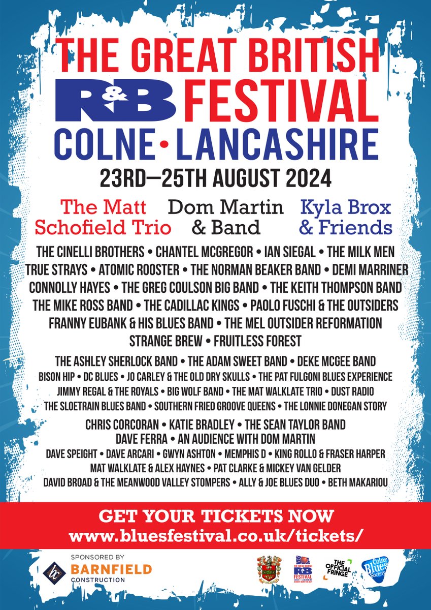 💥 We are delighted to present the full line-up for the 2024 Great British R&B Festival here in Colne! 💥

With 50 artists, across three great stages, this is going to be one amazing festival 🎸

Book your tickets now 👇

bluesfestival.co.uk/tickets/