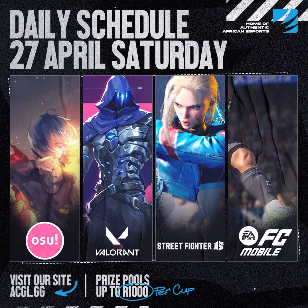 AfricanGaming's tweet photo. Online cups from 14h00 today:
π₯ #StreetFighter6
π« #Osu
π»#Valorant
β½#FCMobile
π° Up to R1,000 cash per cup.
π Register for free: https://t.co/QNoe4zW4E9
#FortniteZA #BrawlZA #WarzoneZA #FGCZA #AfricanEsports #esportsZA #esports https://t.co/cDvexlu8EB