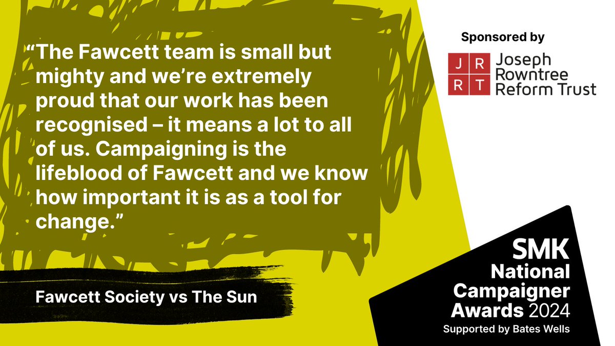 Congratulations to @fawcettsociety – shortlisted for David & Goliath in the #SMKAwards2024. Winners will be announced on 15 MAY. 

More details here smk.org.uk/awards_nominat… #LoveCampaigning Sponsored by @JRRT1904