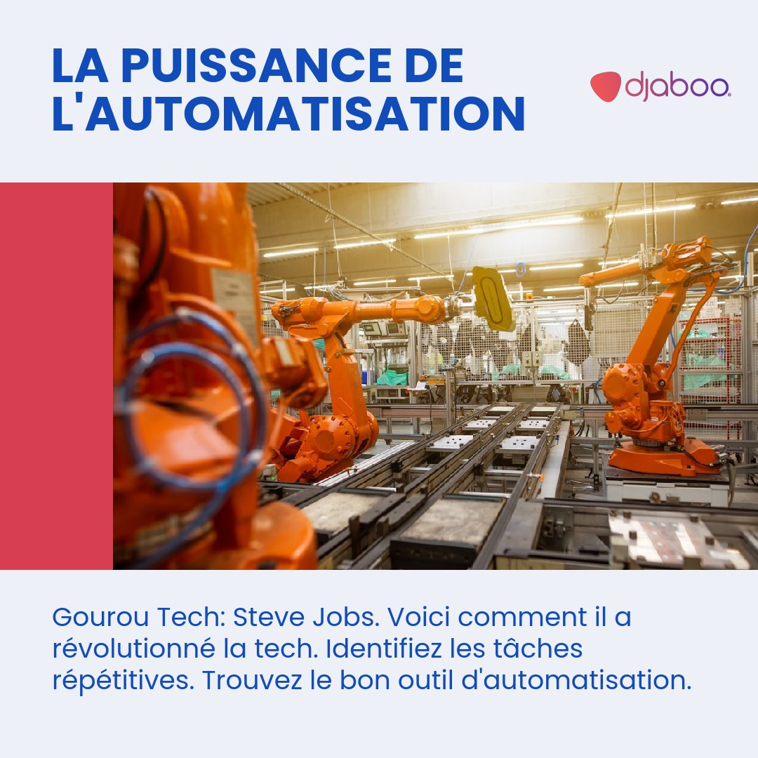 Implémentez l'automatisation. 🔄 Évaluez et ajustez régulièrement. 🎯 Takeaway: L'automatisation peut transformer votre entreprise en économisant du temps précieux! Pour découvrir comment notre suite logicielle peut vous aider, visitez djaboo.com 🚀 #Automatisation