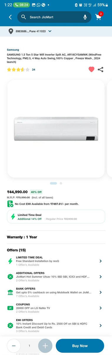 @JioMart I had ordered a Samsung AC. I on the product page free std installation is shown. On receiving the product I received no communication for installation. 
On connecting with CC I was informed that installation by ResQ would not be free. 
Its still shown
What scam is this?