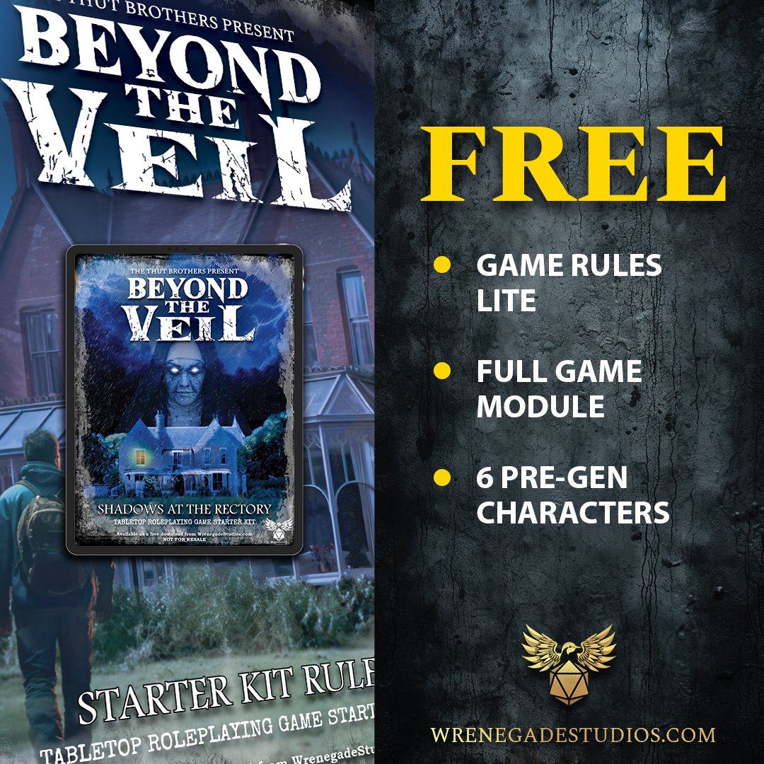 🌟 Discover the spine-chilling world of 'Beyond the Veil' TTRPG with the FREE Shadows at the Rectory Starter Kit! 🎲✨ Download now: wrenegadestudios.com/shadows-at-the… 📚 Also on DriveThruRPG: drivethrurpg.com/product/456169… #BeyondTheVeil #TTRPG #TabletopGaming