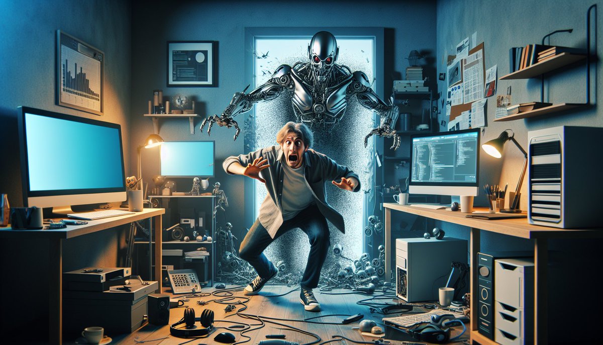 visionpaletteAI's tweet photo. My speculation on people's perceptions of the potential consequences of developers pushing AI development too far. 😂

“A developer in his bedroom running from a killer robot.”

https://t.co/yWeLvKesI0

#AIart #AIArtCommuity #ai #AIArtGallery #AIartists #AIArtworks #visionpalette https://t.co/CtCtNi3trq