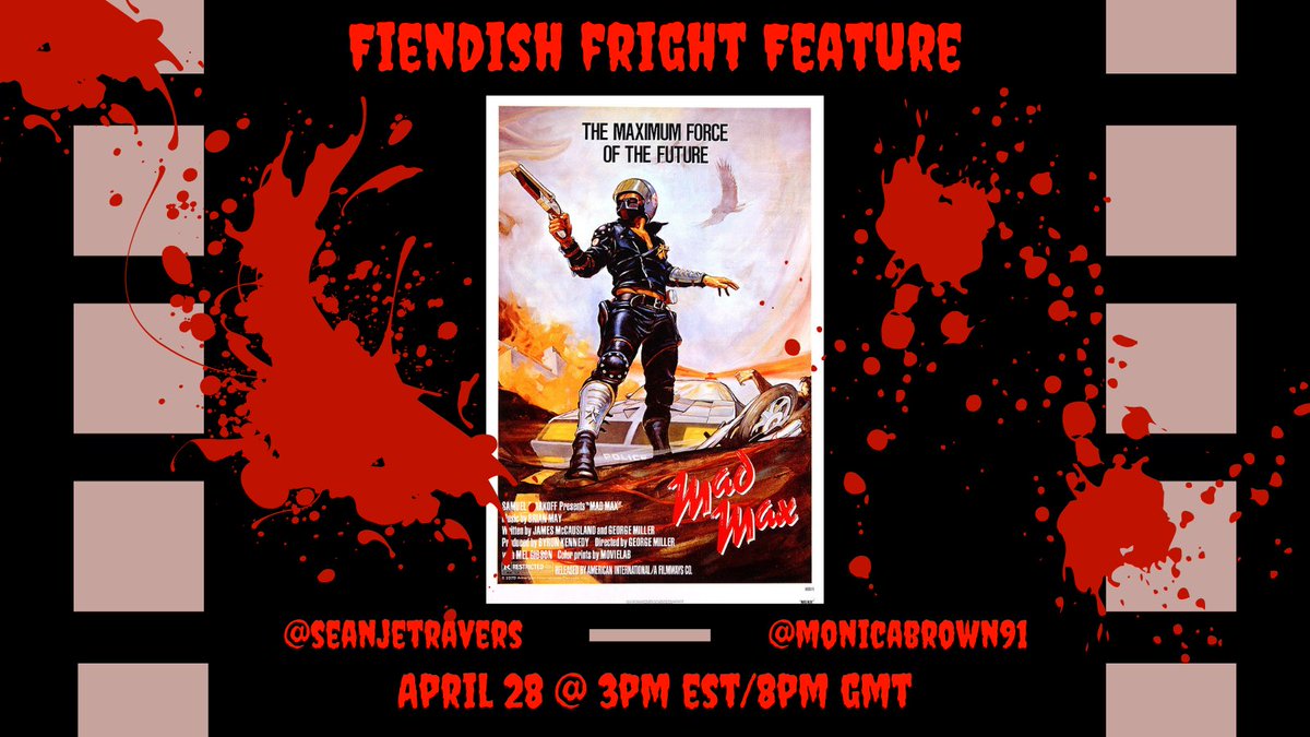 This Sunday, April 28th on Fiendish Fright Feature, we'll be watching MAD MAX! @ 3pm EST/8pm GMT on @Tubi. #MutantFam #HorrorCommunity