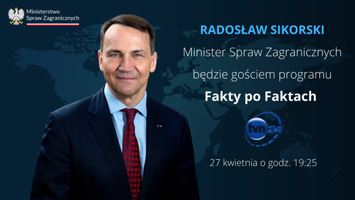 Minister @sikorskiradek będzie dziś gościem programu @faktypofaktach. 📺 @tvn24 🗓️ sobota, 27 kwietnia 🕖 19:25 Zapraszamy do oglądania!
