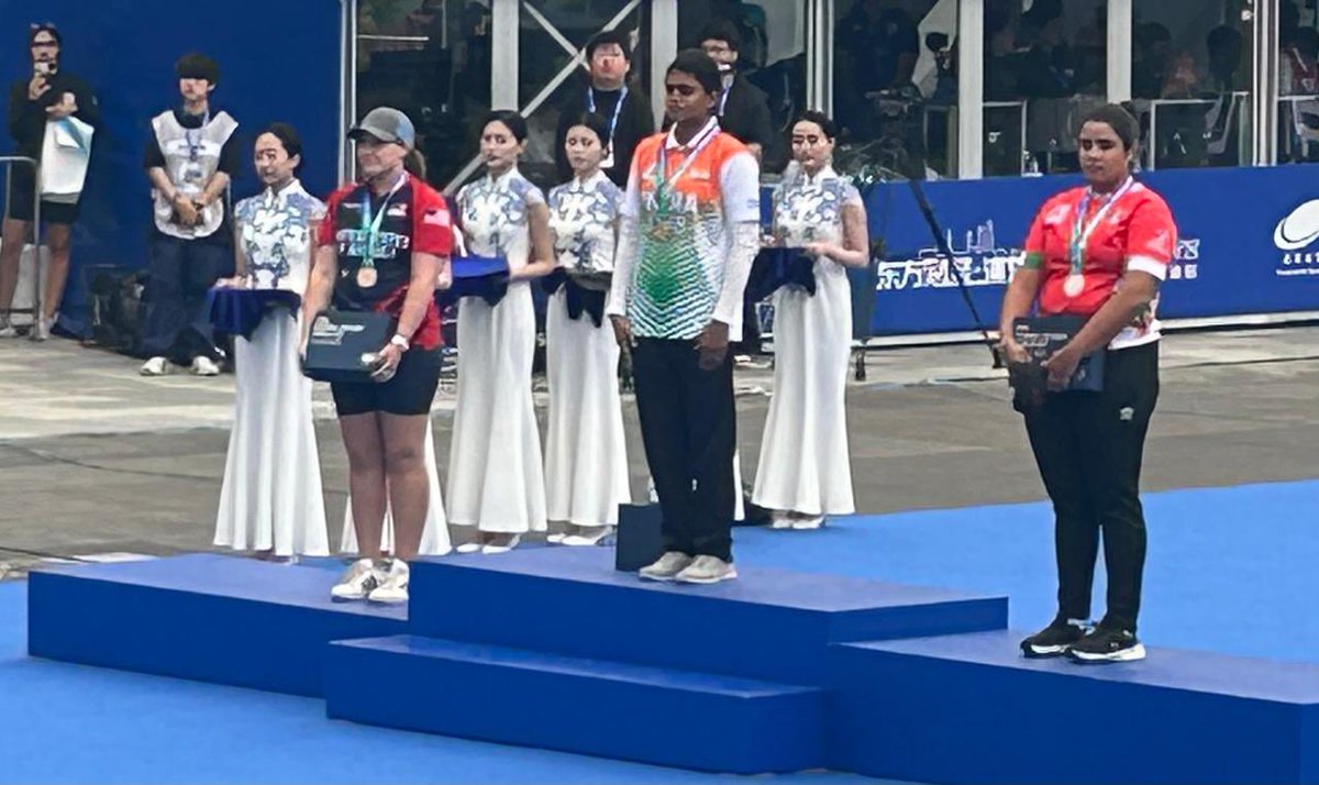 Virendraa Sachdeva (@virend_sachdeva) on Twitter photo Proud moment for Bharat! 🇮🇳
#TeamIndia's <a href="/VJSurekha/">Jyothi Surekha Vennam</a>, Aditi Swami and <a href="/Parrneettt/">Parneet Kaur</a> took home gold in the Compound Women's Team event at the Archery World Cup in Shanghai.
Jyothi Surekha Vennam also secured gold in the Women's Individual event.
Congratulations to the talented Proud moment for Bharat! 🇮🇳
#TeamIndia's <a href="/VJSurekha/">Jyothi Surekha Vennam</a>, Aditi Swami and <a href="/Parrneettt/">Parneet Kaur</a> took home gold in the Compound Women's Team event at the Archery World Cup in Shanghai.
Jyothi Surekha Vennam also secured gold in the Women's Individual event.
Congratulations to the talented