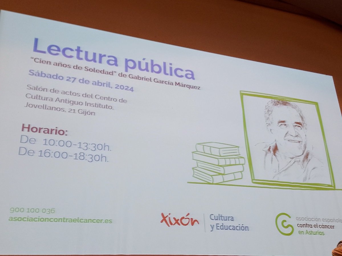 Comienza el Acto de Lectura Pública de 'Cien años de Soledad' de Gabriel García Márquez organizado por @ContraCancerAST de #gijon 💚 @joseajarne @gijon @Culturagijon