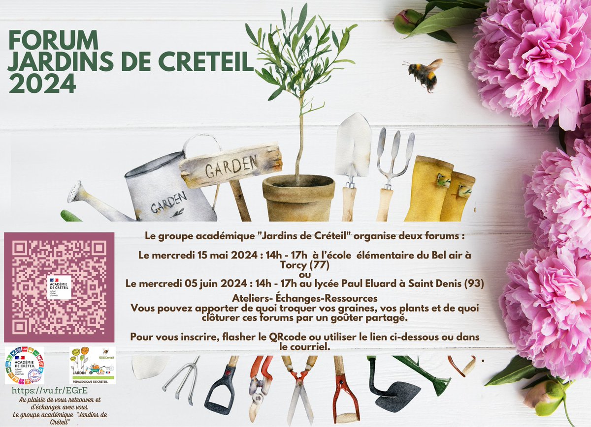 🌱C'est le retour des forums des Jardins de l'@AcCreteil ! 👨‍🌾

🗓️le 15/05 en #SeineEtMarne
🗓️le 5/06 en #SeineSaintDenis

📄Au programme : 
#ClasseDehors 
#JeuSérieux 
#JardinPédagogique 
#SciencesParticipatives @VigieNature 
#EDD

🖊️Pour s'inscrire : edd.ac-creteil.fr/Forums-Jardins… 🌸