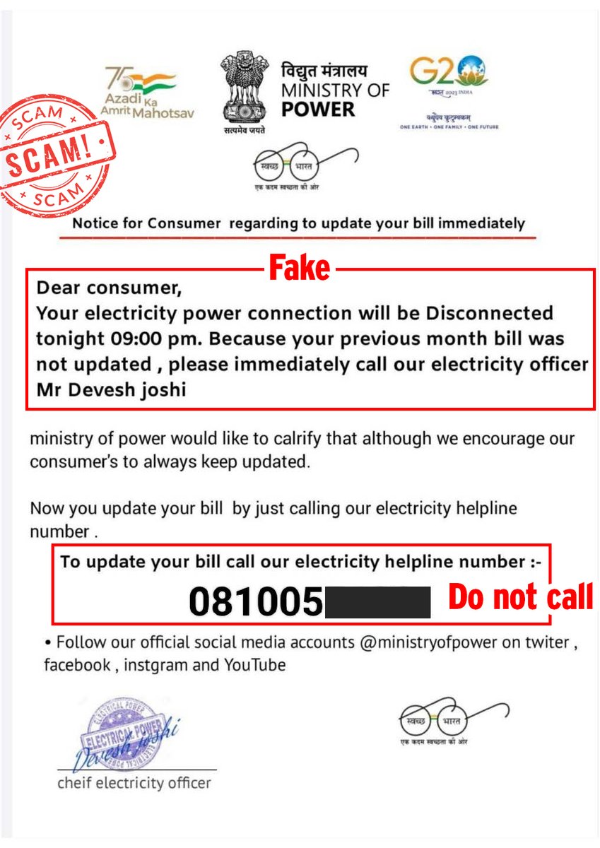 ** Electricity Disconnection Scam ** Don’t fall for fake WhatsApp messages warning you that your power will be disconnected unless you urgently call the ‘electricity helpline.’ Do not call any numbers except those on your electricity bill. #scam #fraud #electricity #helpline