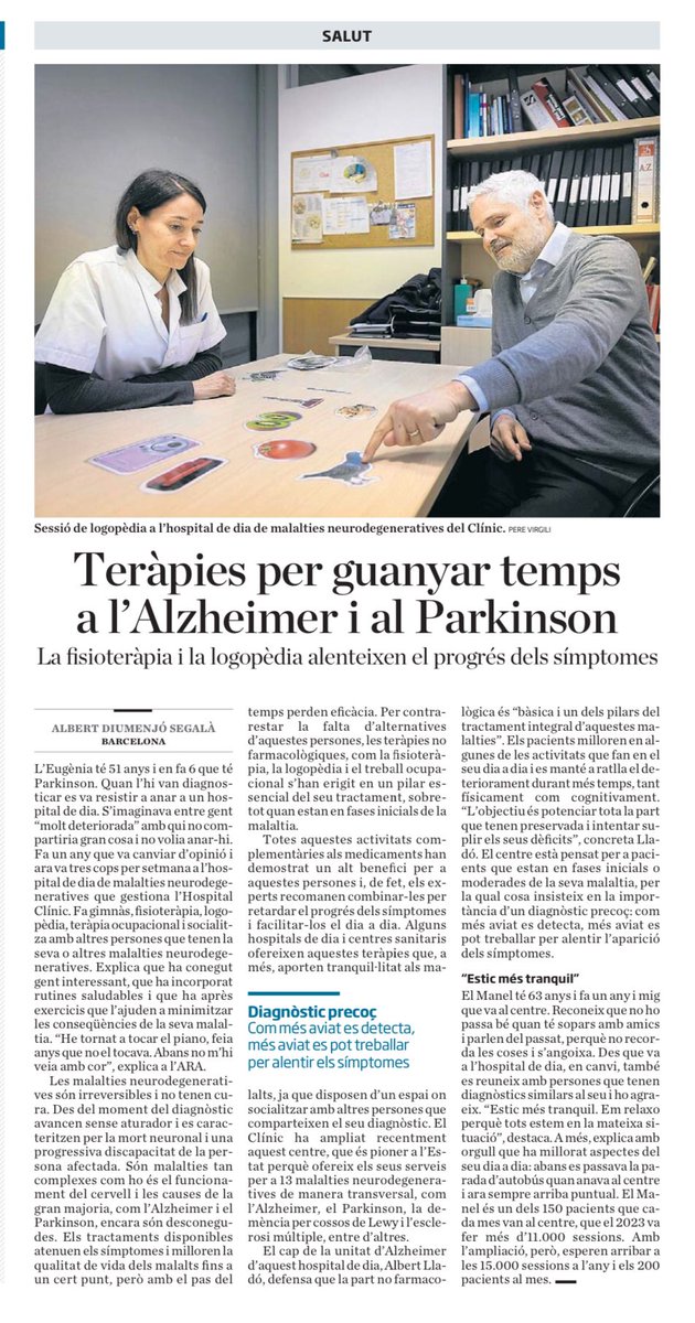 Les teràpies no farmacològiques són essencials en les malaties neurodegeneratives, inclouen molts aspectes i professionals. Gran equip @hospitalclinic neuropsicologia, infermeria, logopèdia, treball ocupacional, fisioteràpia, treball social, neurologia, administració. Gràcies!