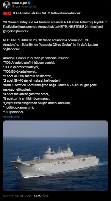 🇹🇷🇬🇷🇦🇱 'Yunanistan'ın arka bahçesinde ilk kez bir Türk uçak gemisi' TCG Anadolu amfibi hücum gemisi, TCG Salihreis fırkateyni, TCG Büyükada korveti ve diğer unsurlardan oluşan Anadolu Görev Grubu'nun Arnavutluk'ta düzenlenen NATO tatbikatına katılması Yunan medyasını rahatsız…