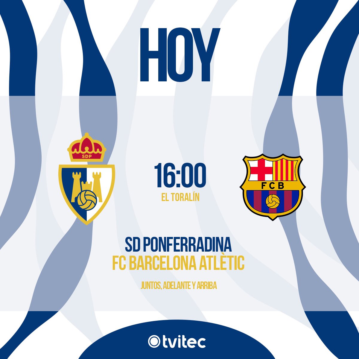 ¡Día de partido!
¡Día de Deportiva! ⚪️🔵⚪️🔵
Desde las 16:00 horas jugamos ante el @FCBarcelonaB. 
¡Nos vemos en El Toralín!
#Adelanteyarriba
#SomosDeportiva
#WeAreDeportiva
