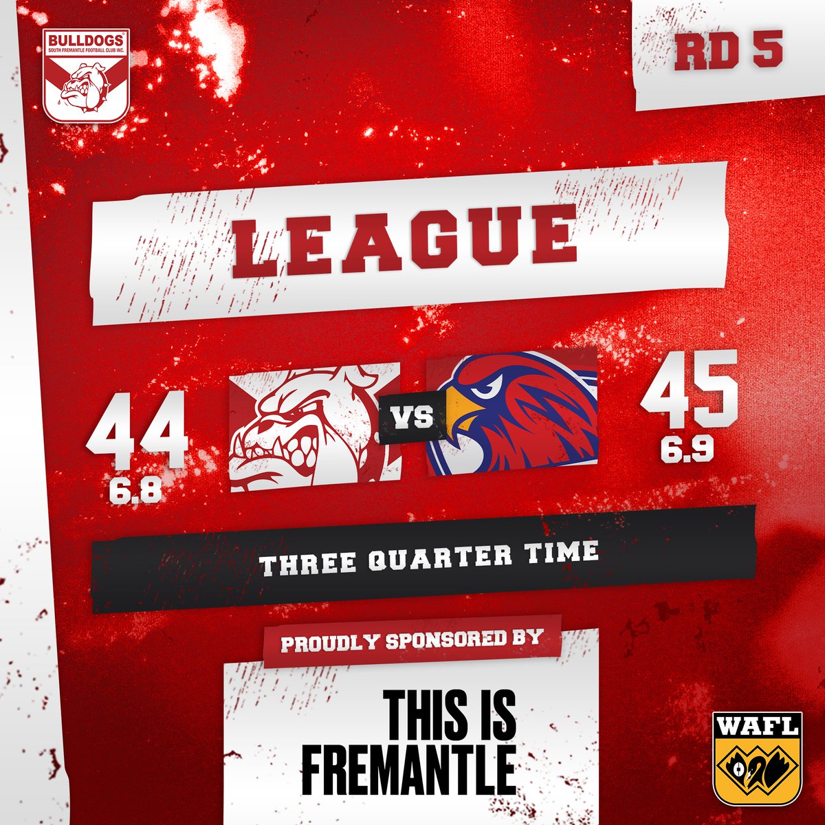 THREE QUARTER TIME 🔴⚪ Just one goal that quarter and it's a one-point ball game in favour of West Perth 6.9 (45) to 6.8 (44) over the Bulldogs.

Dylan Main still with 3 goals and Haiden Schloithe 27 touches, Matty Parker 21, Tom Blechynden 19, Isiah Winder 18, Chad Pearson 17.