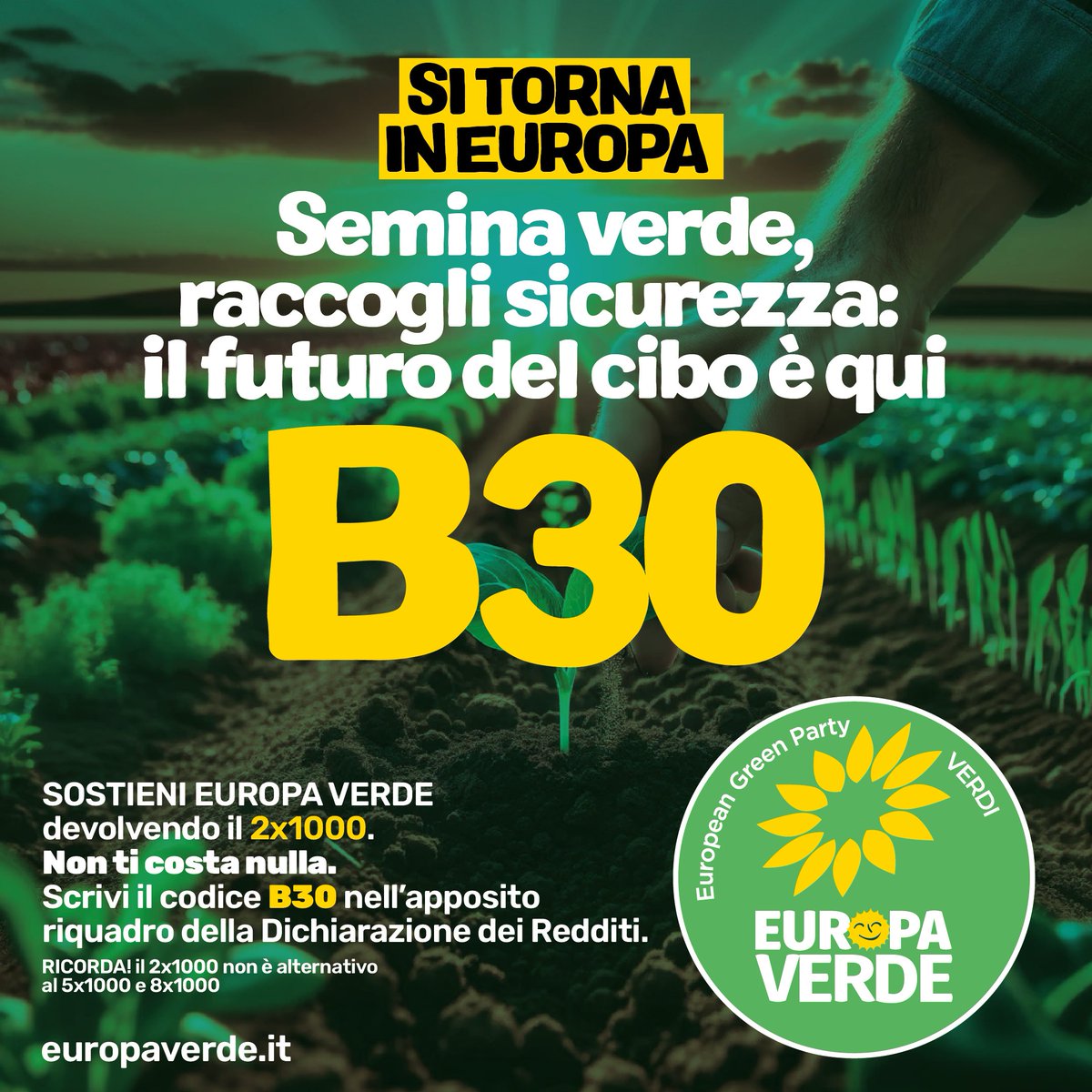 🌱Semina Verde, raccogli sicurezza, il futuro del cibo è qui! 🇪🇺Si torna in Europa per promuovere cibo sano e libero da pesticidi e un’agricoltura sostenibile. ✍️La tua voce e il tuo supporto sono più cruciali che mai. Destina il tuo 2x1000 a Europa Verde, codice B30!