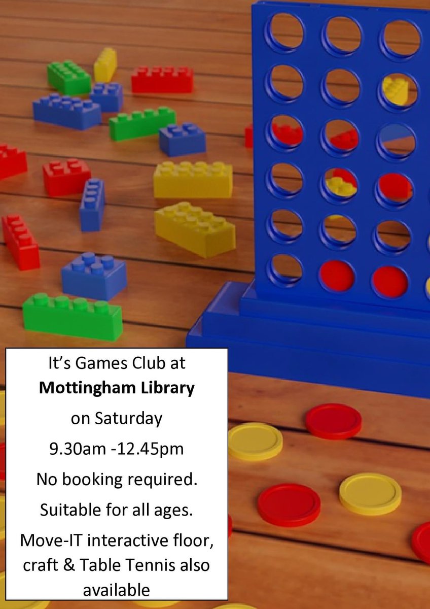 Looking like a wet weekend? Come along to #MottinghamLibrary TODAY for Games Club. There's lots to do for all ages - from traditional board games & Lego to the Ineractive Floor. All welcome. No booking required. Stay all morning, or just drop in for a short while. @Better_UK