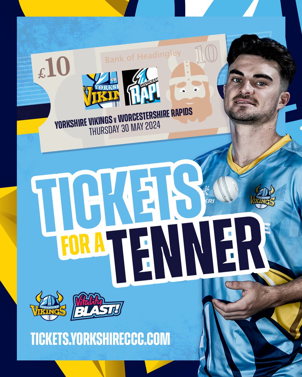 Tickets for a Tenner! 😍 It's Adults £10, Juniors £5 for our opening 2024 @VitalityBlast game of the season against Worcestershire Rapids when you buy before Wednesday 1 May Buy today🎟️ bit.ly/3uDfGl4