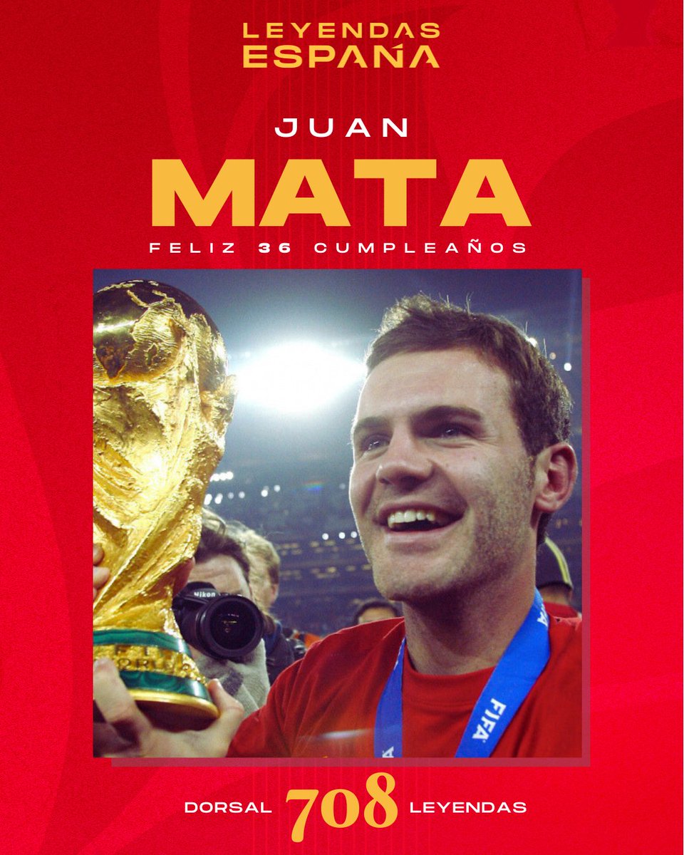 😙💨🎂@juanmata8 𝗖𝗨𝗠𝗣𝗟𝗘 HOY 36 ¡Felicidades!

✔️Campeón del Mundial de 2010 y la Eurocopa de 2012, en esta última anotó el último gol en la final ante Italia. Disputó hasta 41 partidos con la @SEFutbol.

#SomosEspaña 🇪🇸