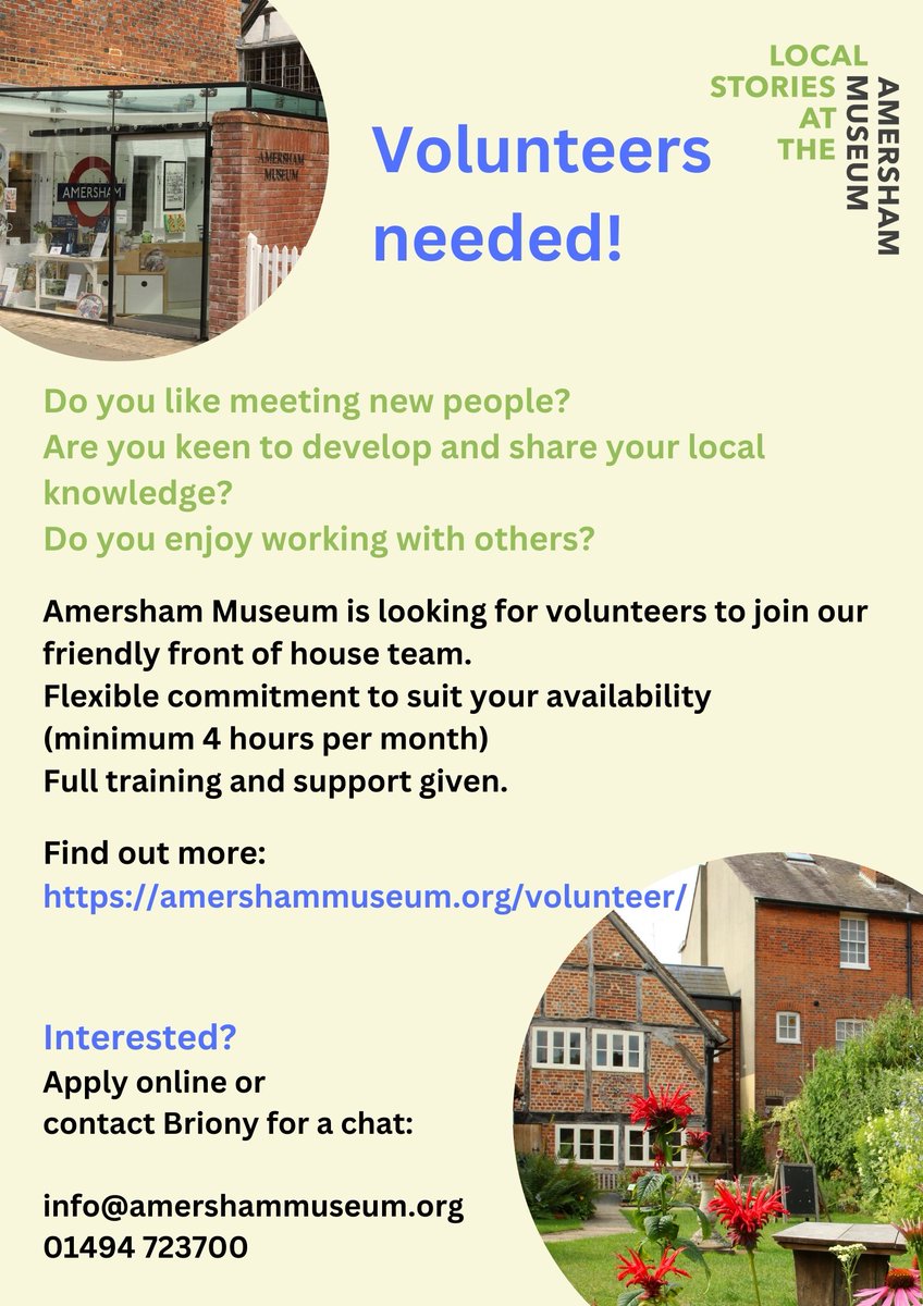 #AmershamMuseum is looking for Volunteers to join our friendly Front of House team - full training and support given. For more details go to Support/Volunteer on our website amershammuseum.org/volunteer/fron… #BrilliantBucks @VisitAmersham #History #LocalStories #Museum #Buckinghamshire