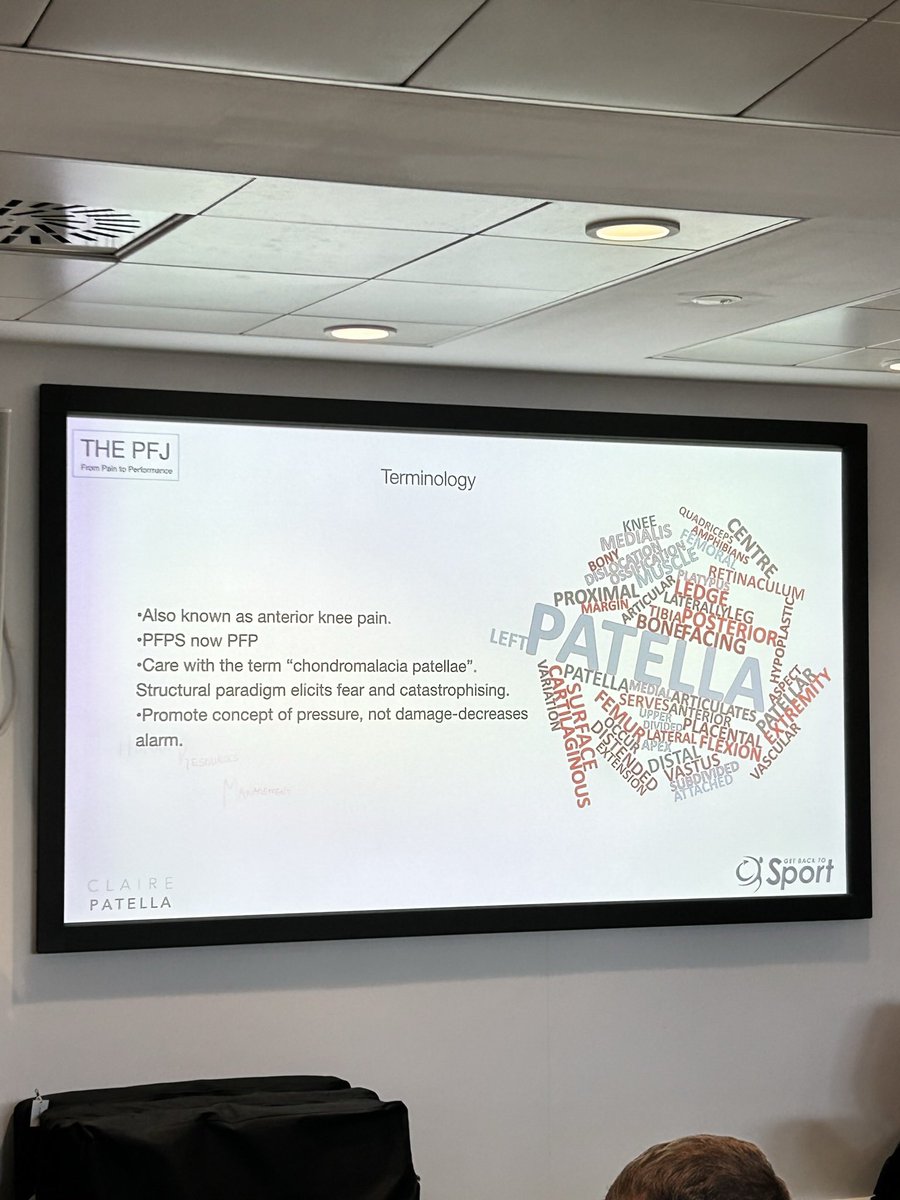 “chondromalacia patella” is only diagnosed on MRI. it refers to retropatellar articular cartilage damage… but cartilage isn’t innervated! @clairepatella explains chondromalacia patella as “pressure on the underside of the kneecap” to patients to minimize fear. #PFJcourse