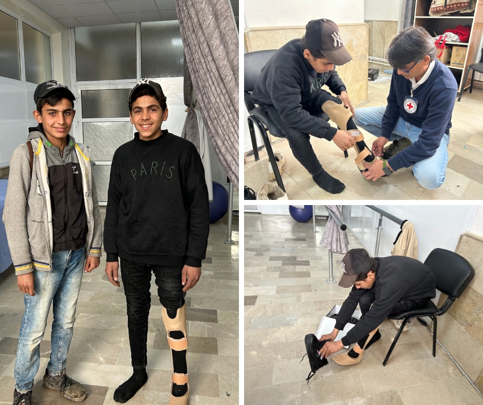 📍Syria|Conflicts tear, but friendships heal ❤️ Ibrahim lost his leg to a landmine while fleeing Deir-ez-Zor during the conflict. His friend Mohammad was by his side and surprised him with new shoes after receiving his prosthetic at the ICRC’s PRP at Qamishli National Hospital.