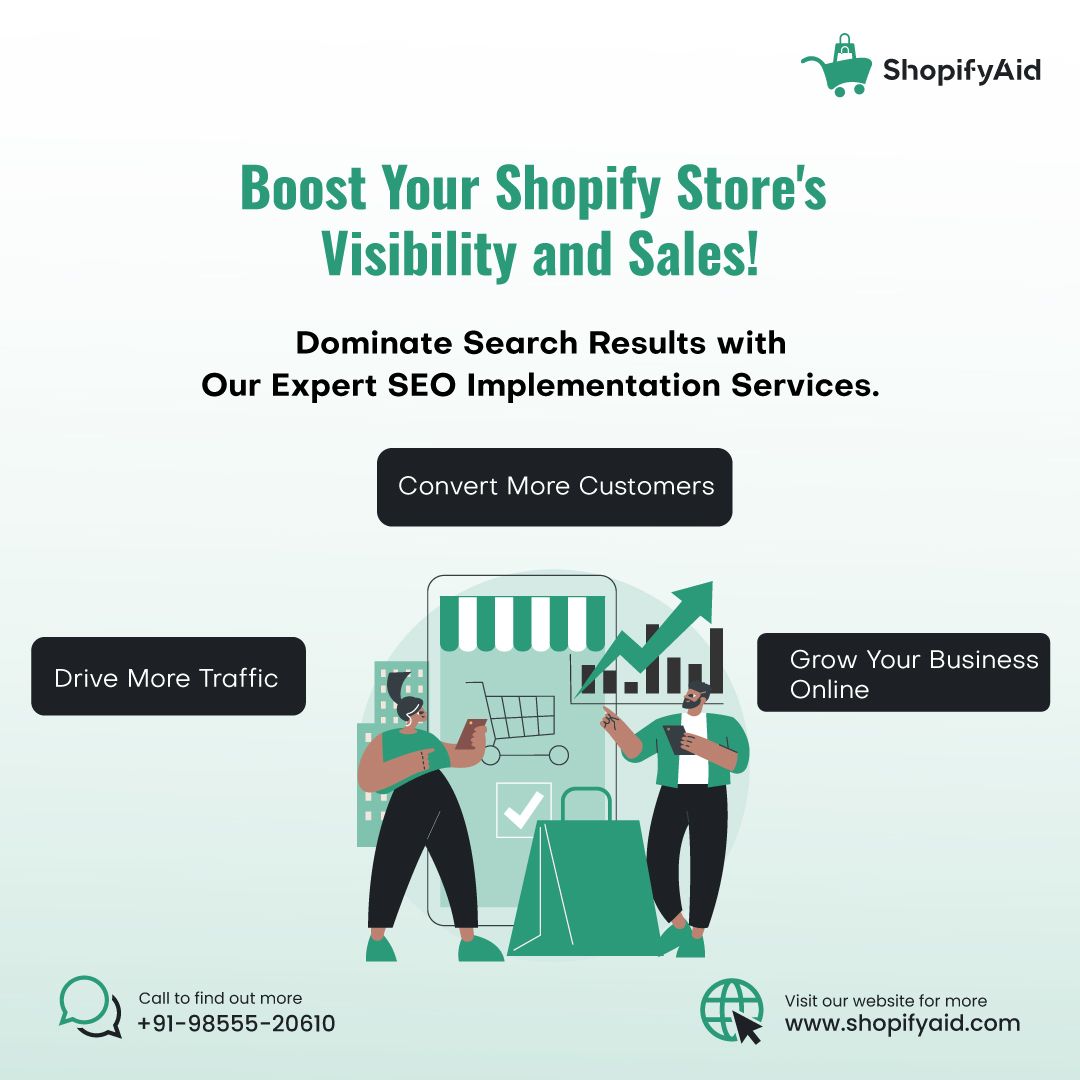 Our expert SEO implementation services will skyrocket 🚀your online visibility and drive more organic traffic to your Shopify store🛍️. Stay ahead of the competition and watch your business thrive with ShopifyAid.📈✅ 

#Shopifyaid #shopifystore #shopify #shopifyseller