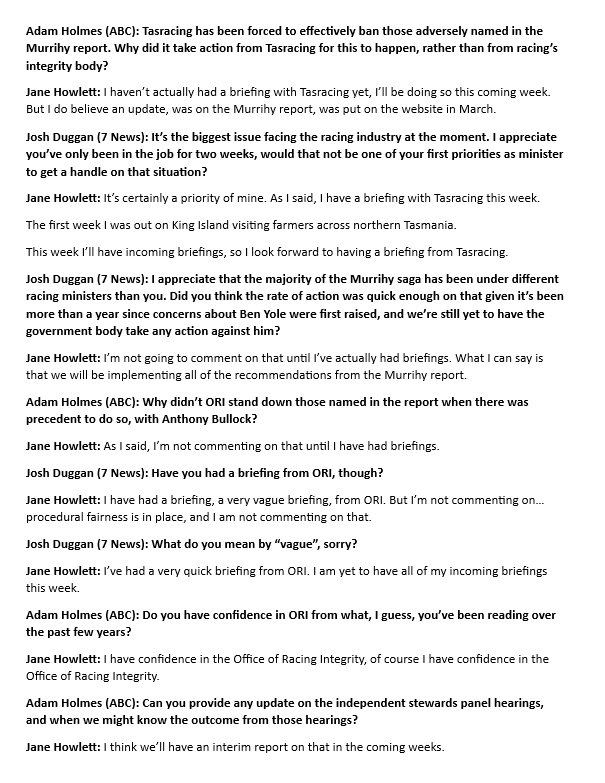 First time Tasmania’s new racing minister Jane Howlett has faced media since returning to cabinet, bound to be a few Qs on *waves arms* everything that’s been going on in the portfolio Worth noting: Cabinet was sworn in 16 days ago few Qs via @chrisroww #politas