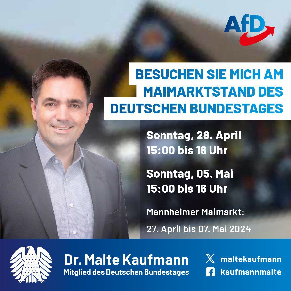 Die größte regionale Verbraucherausstellung Deutschlands 
startet heute: Der Mannheimer #Maimarkt! 
Ich freue mich sehr, Sie am Stand des Deutschen Bundestages 
zum regen Austausch herzlich begrüßen zu dürfen!
Halle 26, Stand 15
#AfD