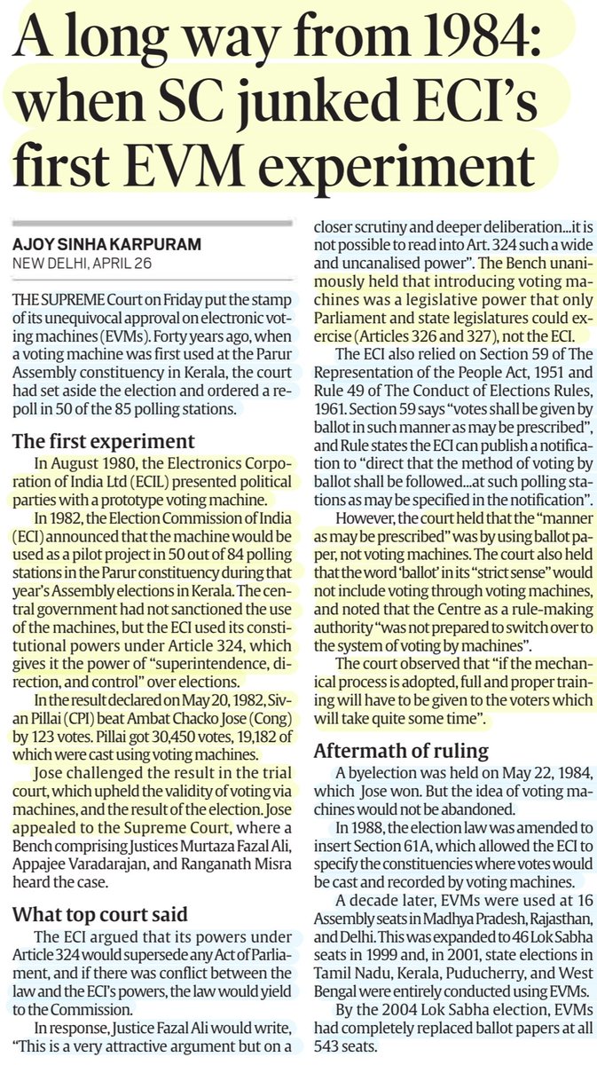 #EVMs - #History , its journey 'A long way from 1984: When SC junked ECI's first EVM experiment' :Details by Sh Ajoy Sinha Karpuram @AKarpuram #EVM #elections #SupremeCourtOfIndia #ElectionCommissionOfIndia #UPSC Source: IE