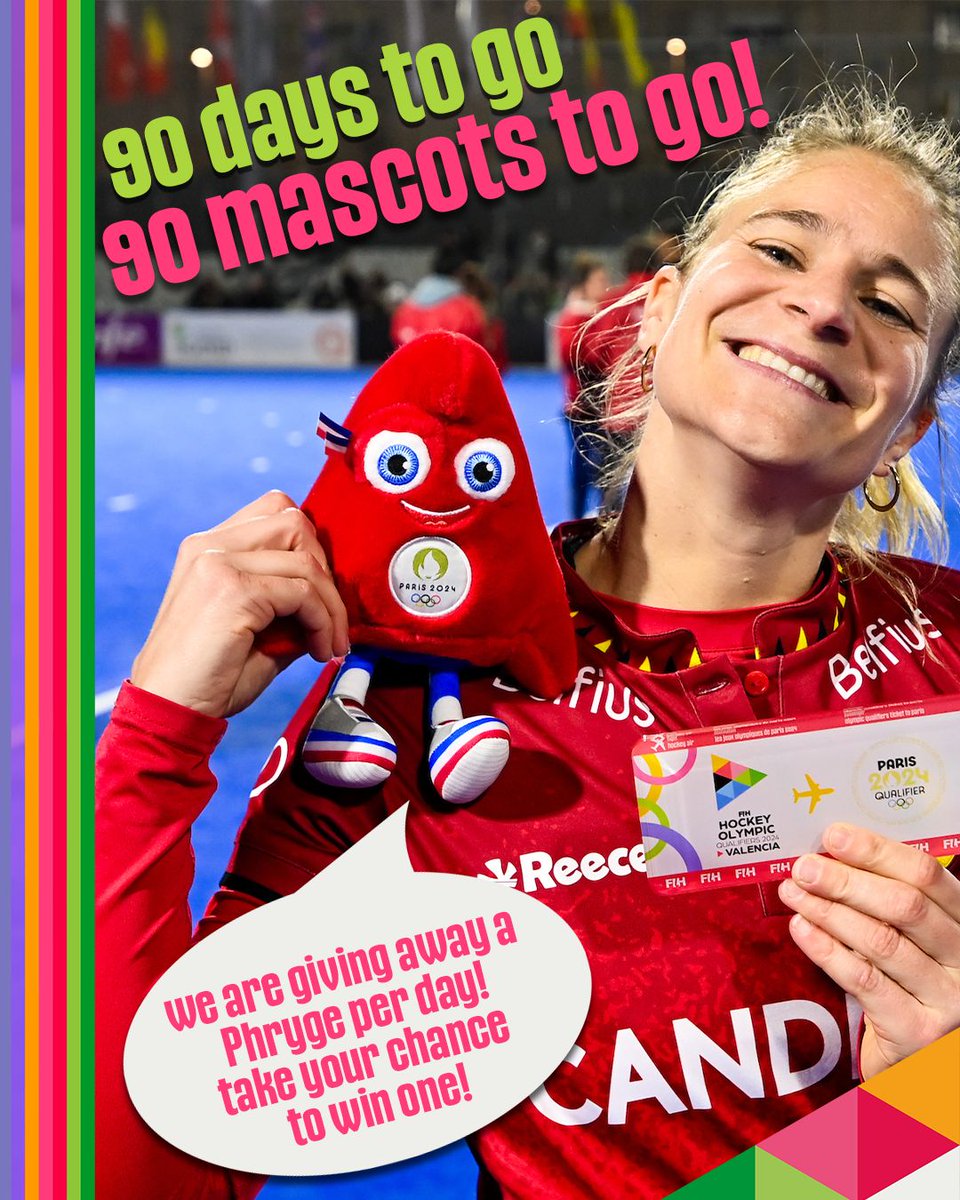 Win a @Paris2024 mascot every day! #90DaysToGo We are just 90 days away from the @paris2024 Olympics and visit fih.hockey to register yourself and stand a chance to win the Phyrges. #hockey #hockeyinvites #Paris2024 #Olympics